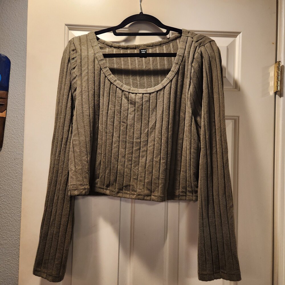 Shein Curve Ribbed Long Sleeve Scoop Neck Crop Top 4XL Olive Green Y2K